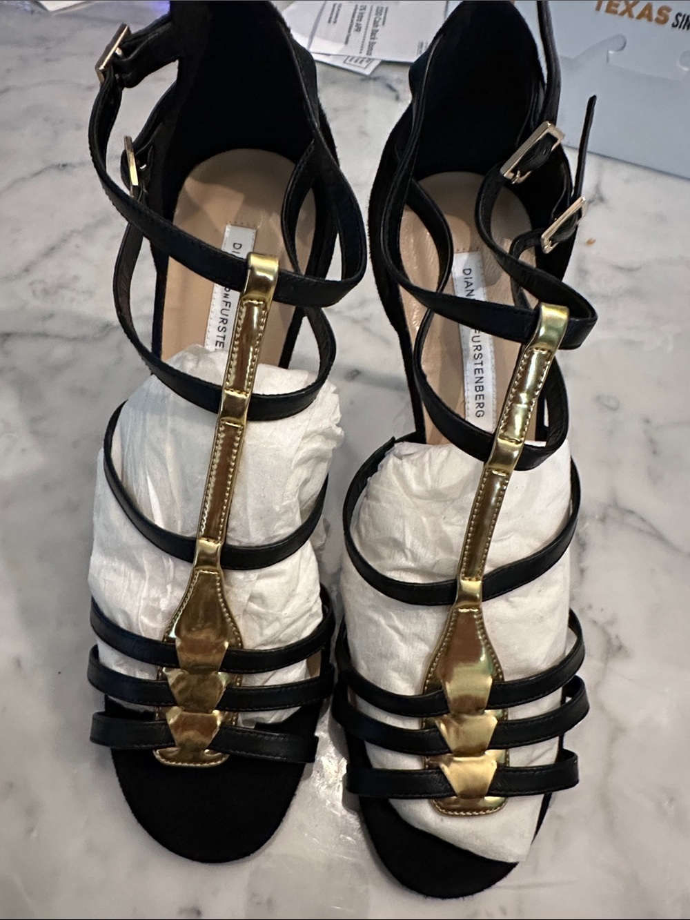 Diane von Furstenberg DVF Black Gold Strappy Heels Size 8B Made in Italy